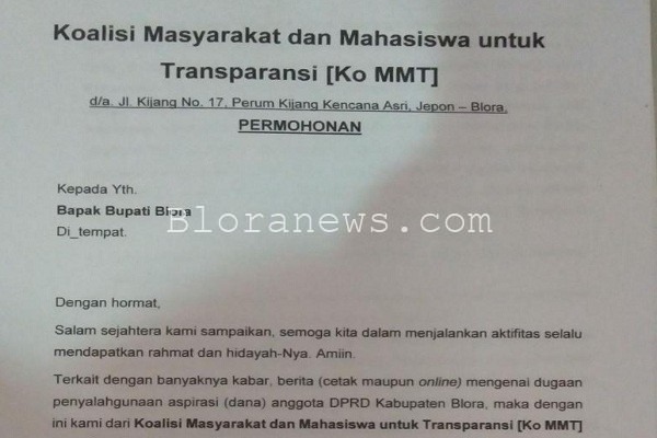 Surat dari Ko MMT yang ditujukan kepada Bupati Blora