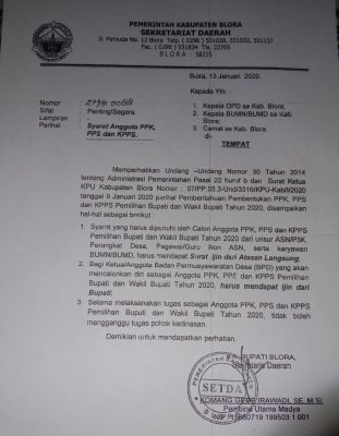 Surat Bupati Blora tentang Syarat Anggota PPK, PPS, dan KPPS tertanggal 13 Januari 2020