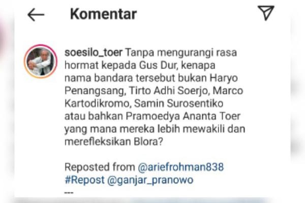 INSTAGRAM SOESILO TOER ANGKAT BICARA SOAL NAMA BANDARA DI BLORA