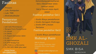 Diskripsi informasi seputar PPDB SMK AL GHOZALI 2022-2023 mulai dari syarat, tahapan hingga jadwalnya. Kuota yang disediakan untuk PPDB tahun ini berjumlah 60 orang calon siswa dengan memenuhi syarat yang sudah ditentukan. Adapun syarat PPDB SMK AL GHOZALI 2022-2023 sebagai berikut.
