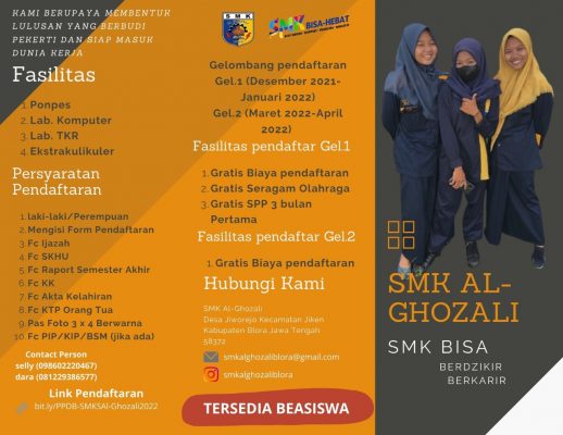 Diskripsi informasi seputar PPDB SMK AL GHOZALI 2022-2023 mulai dari syarat, tahapan hingga jadwalnya. Kuota yang disediakan untuk PPDB tahun ini berjumlah 60 orang calon siswa dengan memenuhi syarat yang sudah ditentukan. Adapun syarat PPDB SMK AL GHOZALI 2022-2023 sebagai berikut.