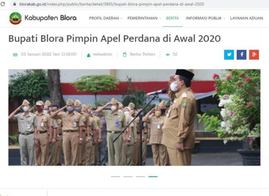 Tampak jelas dari laman resmi Pemerintah Kabupaten Blora dengan judul “Bupati Blora Pimpin Apel Perdana di Awal 2020”. Padahal kegiatan apel tersebut dilakukan pada hari Senin tanggal 03 Januari 2022.