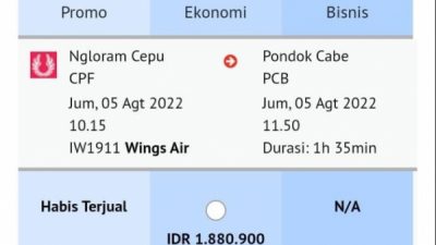 TIKET PENERBANGAN CEPU-PONDOK CABE RP 1.880.900