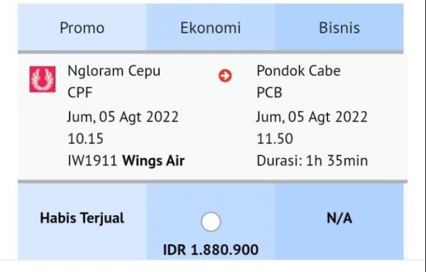 Tiket penerbangan pesawat dari Bandara Ngloram, Cepu ke Pondok Cabe sudah bisa dipesan. Mulai di www.lionair.co.id. Online travel agent. Tour travel dan Ticketing office. Harganya Rp 1.880.900.