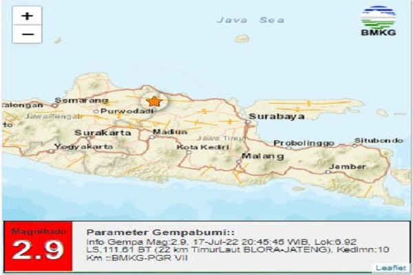 Telah terjadi gempa bumi tektonik berkekuatan 2,9 Skala Richter (SR) di wilyaah Blora pada pukul 20:45, Minggu (17/7) kemarin. Gempa tidak dirasakan dan tidak menimbulkan kerusakan.