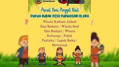 Pamflet kegiatan pasar Seni pinggir kali Desa Purwosari, Kecamatan/Kabupaten Blora.
