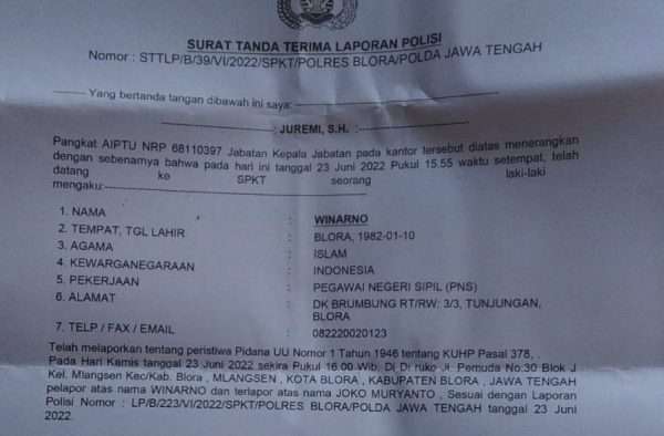 Surat Polres Blora tentang tindak pidana penipuan dan atau penggelapan.